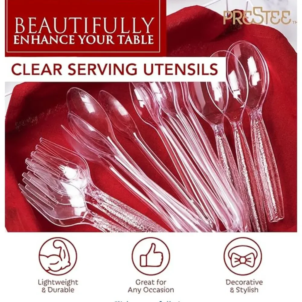 15 Pack Transparent Plastic Disposable Serving Utensils Set-Spoons, Tongs, Forks